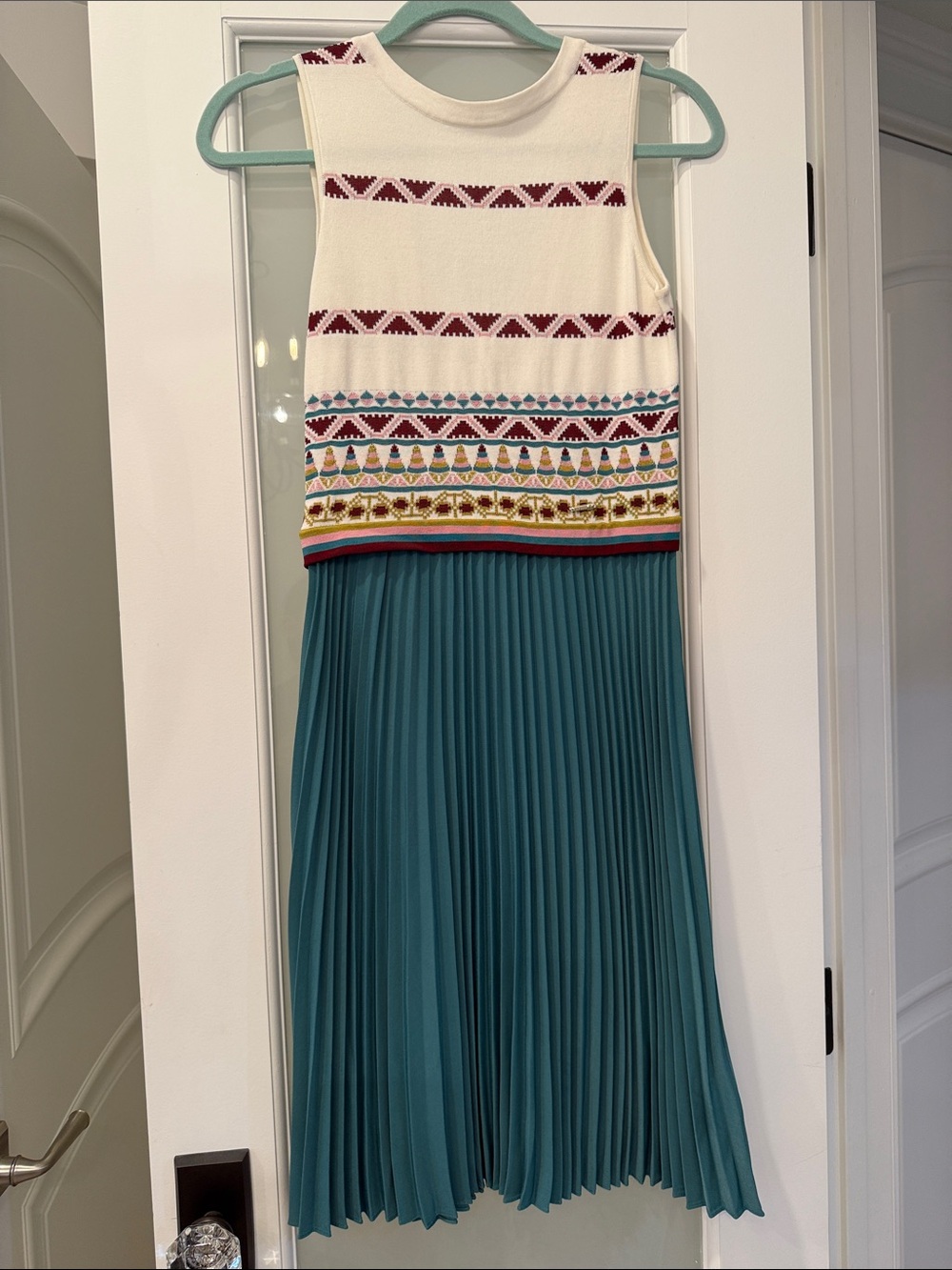 Ted Baker London Cream Embroidered Top with Teal Pleated Skirt Dress